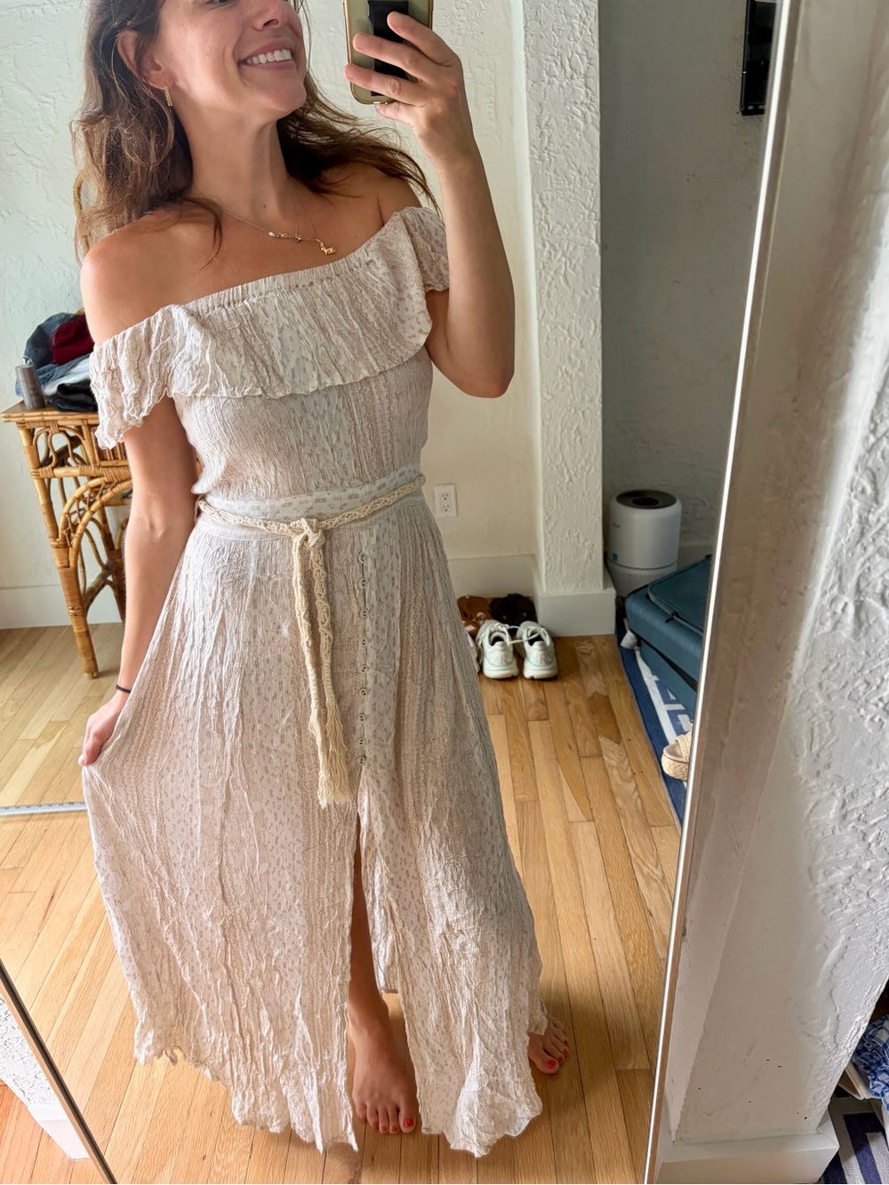 Z & L Boho Off Shoulder Ruffle Maxi Dress Cream Belted 100% Viscose